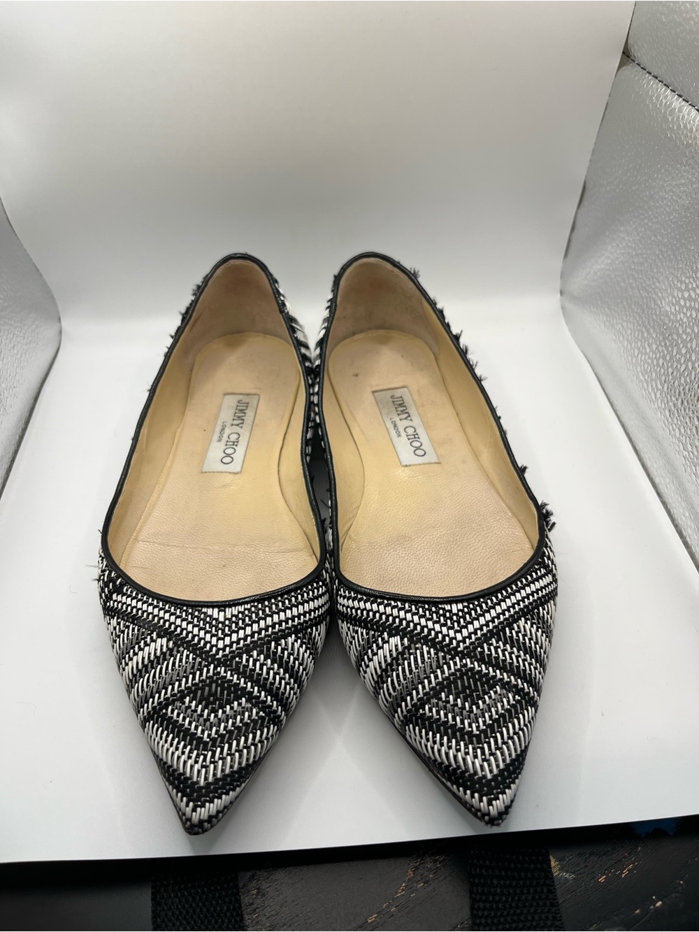 Jimmy Choo Black & White Woven Pointed Toe Flats